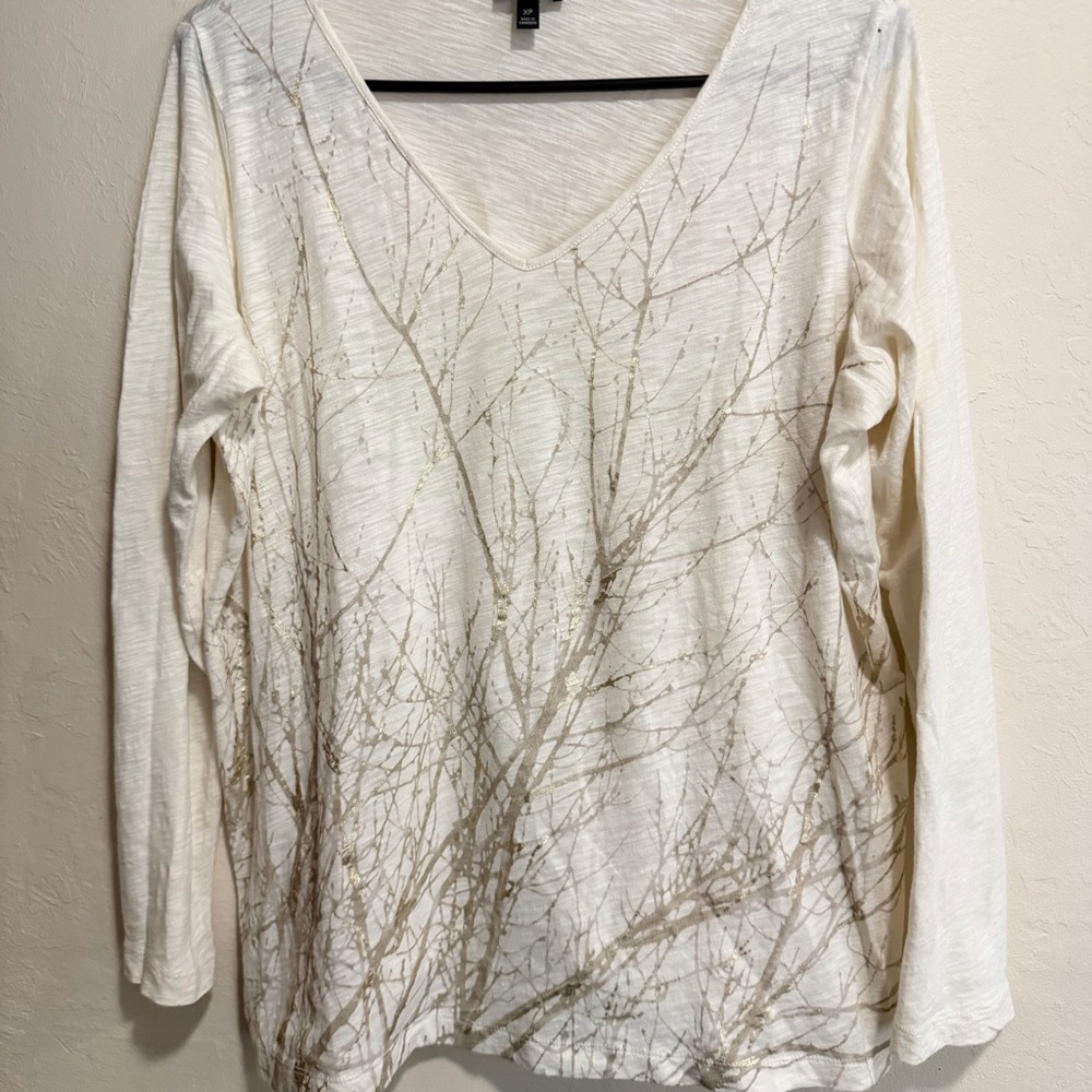 Women’s SZ XP Talbots Long Sleeve Golden Shiny Tree Branches Like New Cream Gold